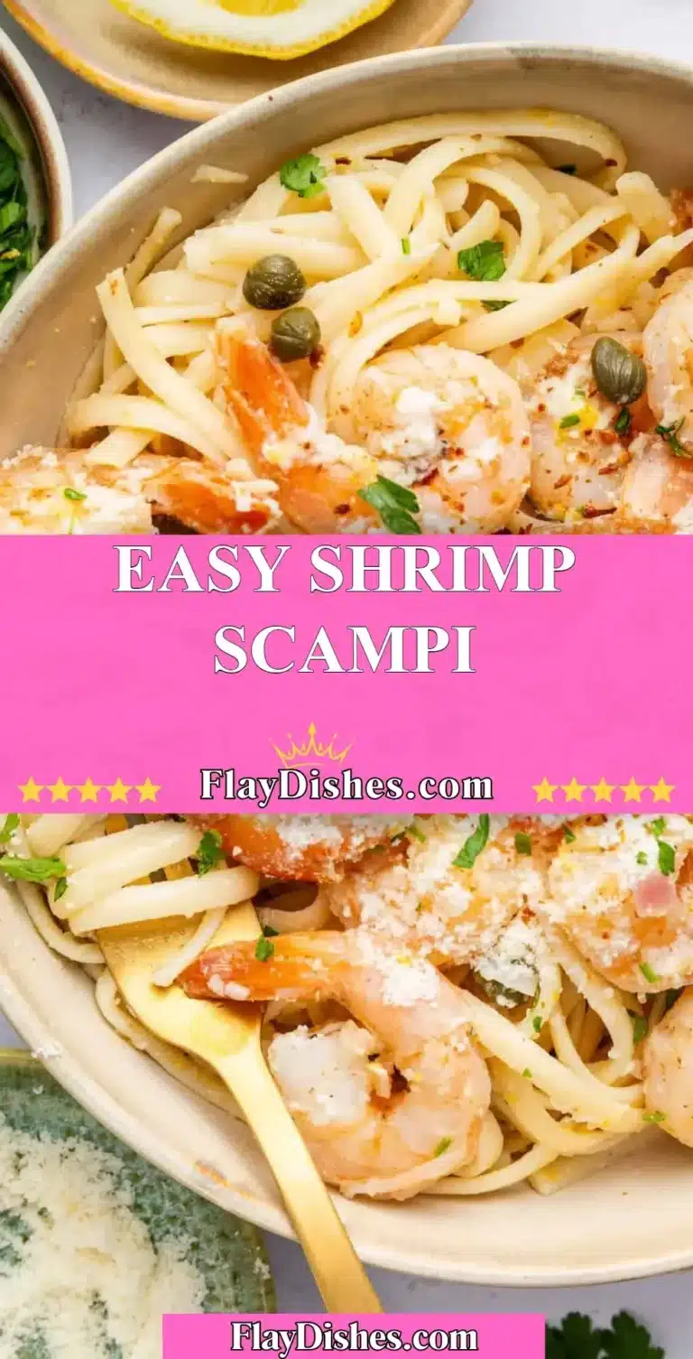Easy shrimp scampi served with pasta and garnished with parsley