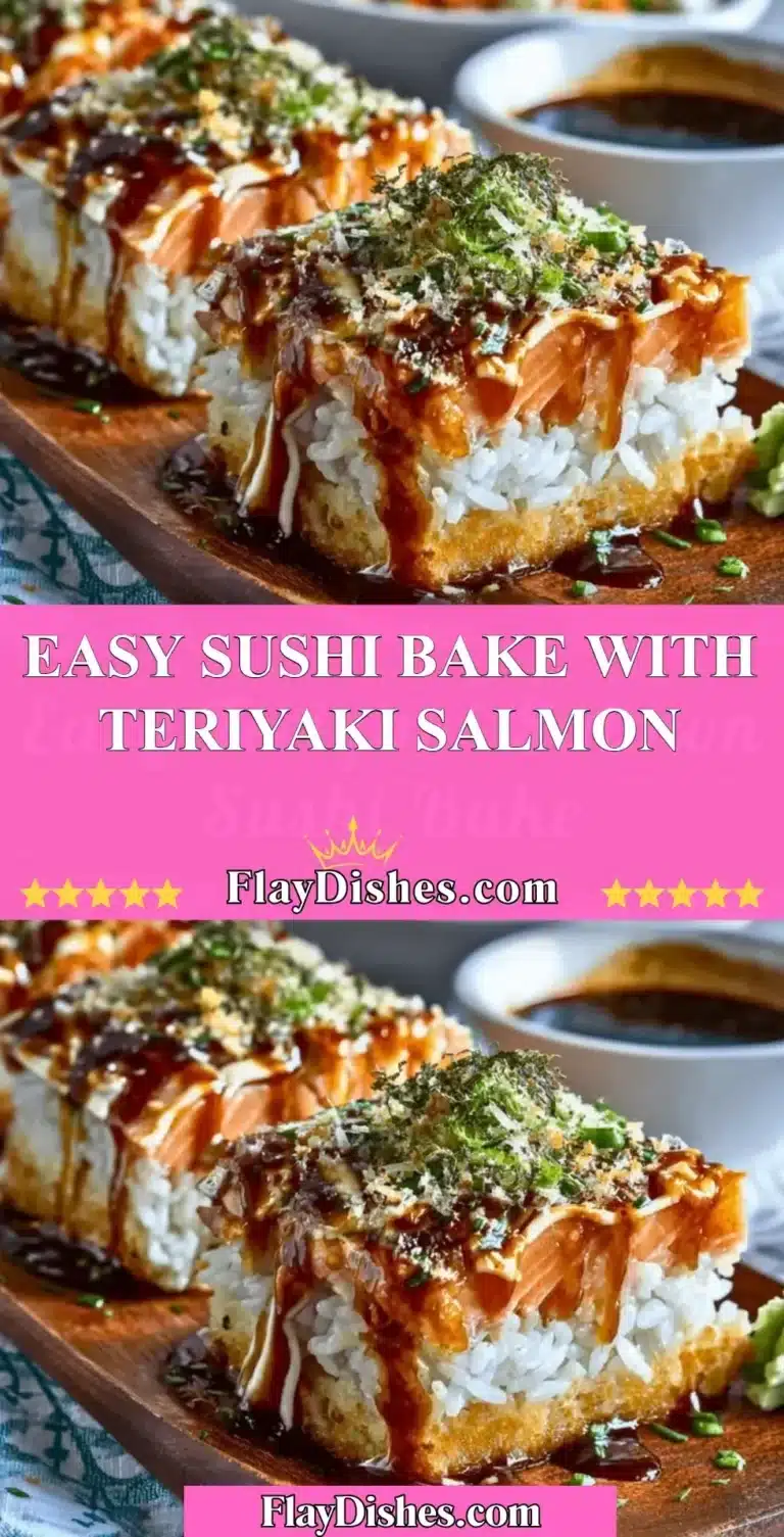 Easy Sushi Bake with Teriyaki Salmon 8 Easy sushi bake with teriyaki salmon served in a baking dish