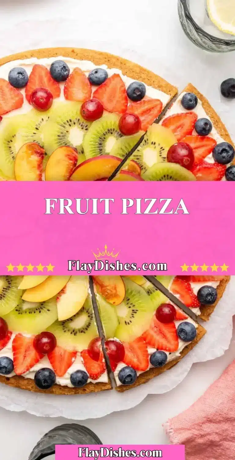 Colorful fruit pizza topped with fresh fruits and creamy frosting
