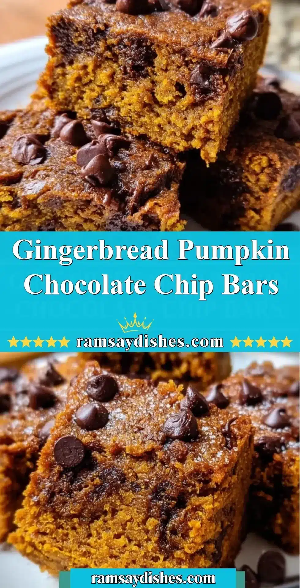Delicious gingerbread pumpkin chocolate chip bars on a rustic plate