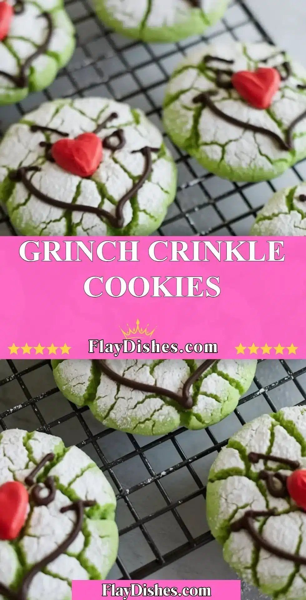 Grinch Crinkle Cookies 2 Plate of festive Grinch Crinkle Cookies with vibrant green color and powdered sugar.