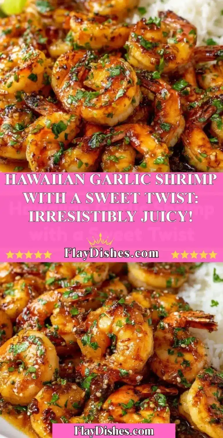 Plate of Hawaiian Garlic Shrimp with a sweet twist, garnished with herbs.
