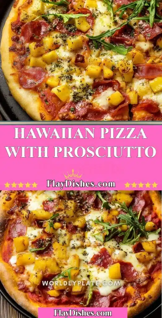 Hawaiian pizza topped with prosciutto, pineapple, and cheese ready to serve