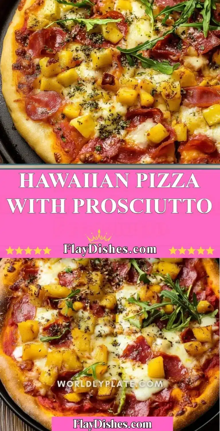 Hawaiian pizza topped with prosciutto, pineapple, and cheese ready to serve