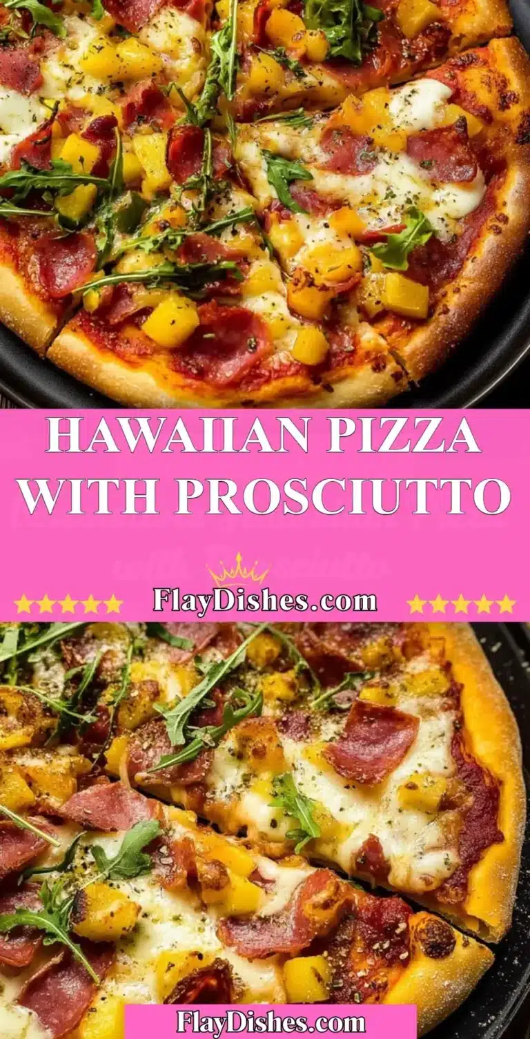 Hawaiian pizza topped with prosciutto and pineapple, fresh out of the oven.