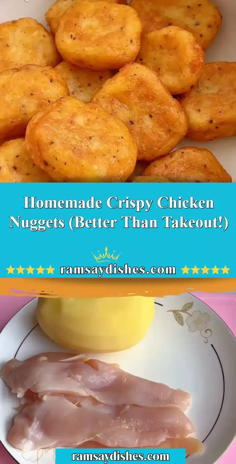 Homemade crispy chicken nuggets served with dipping sauce on a plate.