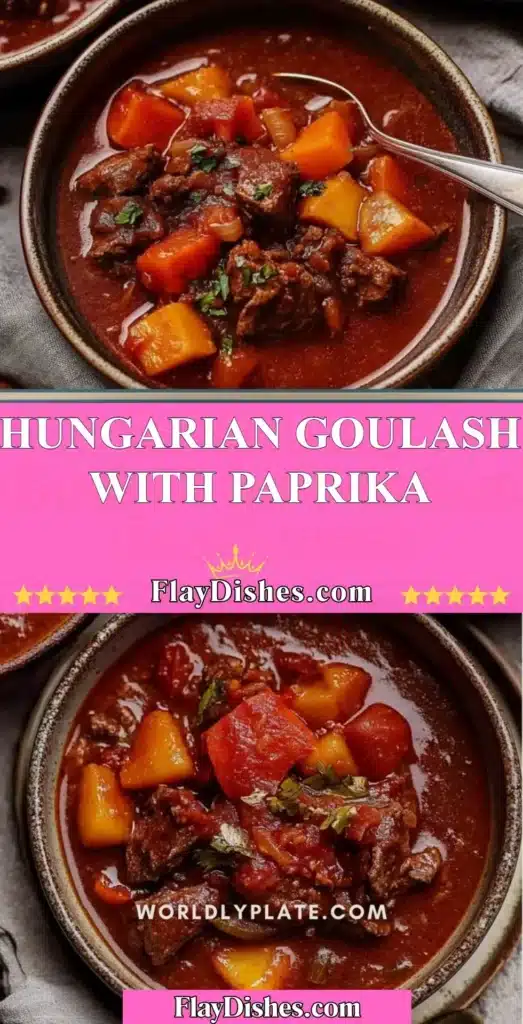 Delicious bowl of Hungarian Goulash with Paprika, showcasing vibrant colors and spices.