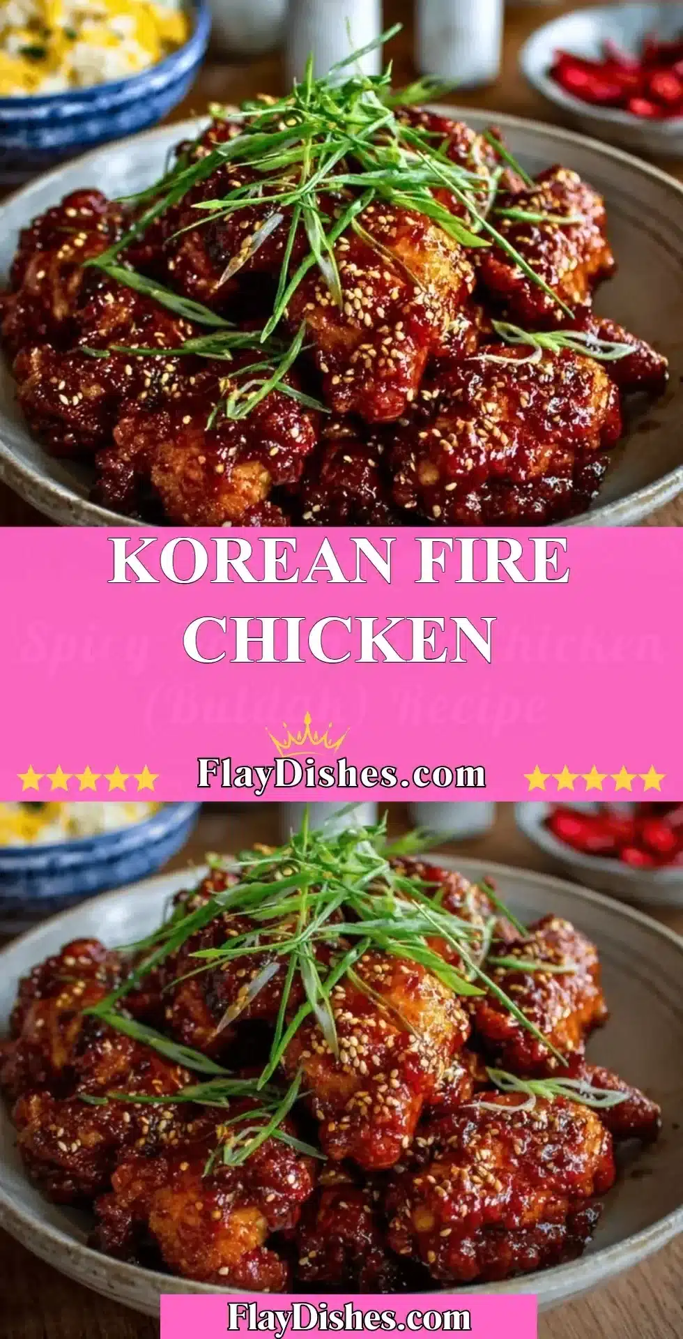 Korean Fire Chicken 2 Plate of Korean Fire Chicken with vibrant colors and garnishes