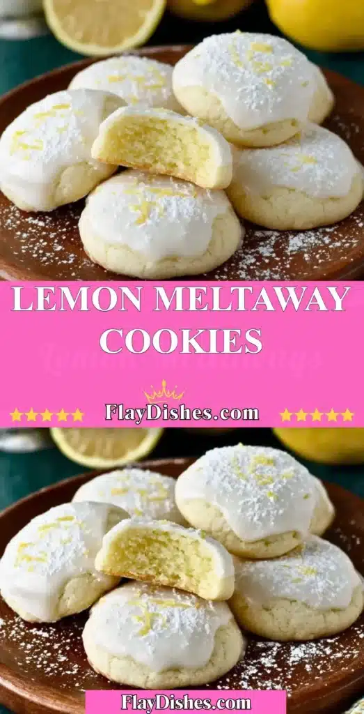 Plate of delicious lemon meltaway cookies with a dusting of powdered sugar