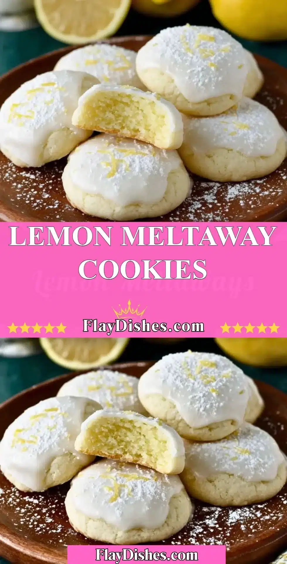 Lemon Meltaway Cookies 2 Plate of delicious lemon meltaway cookies with a dusting of powdered sugar