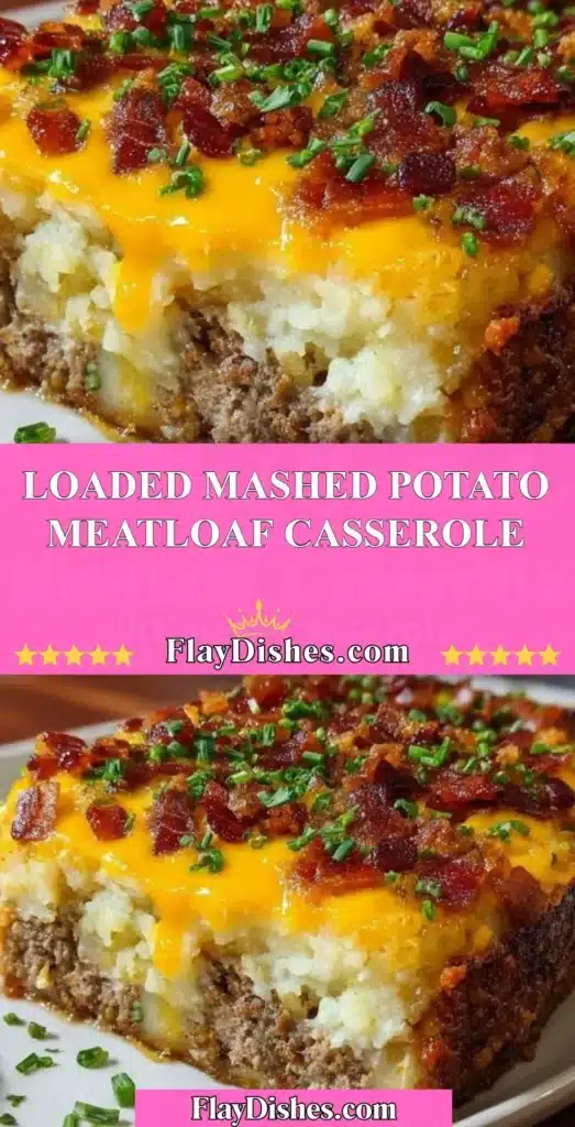 Loaded mashed potato meatloaf casserole topped with cheese and herbs