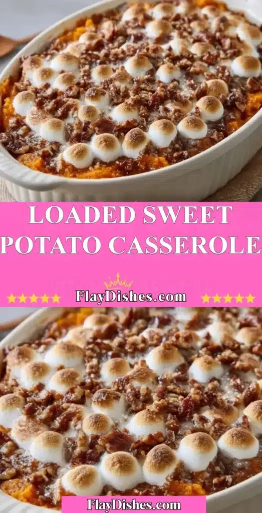 Delicious loaded sweet potato casserole topped with marshmallows and nuts
