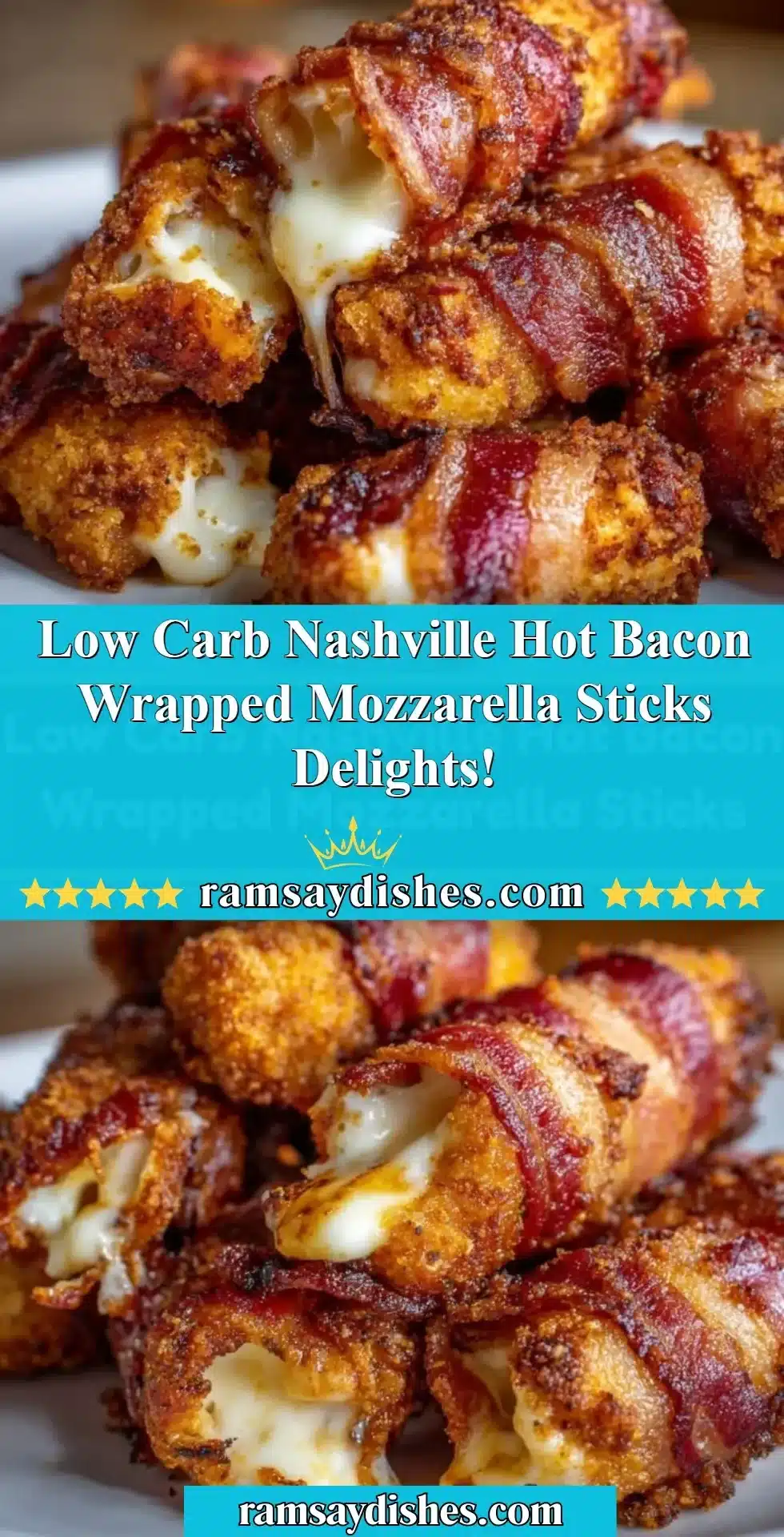 Low Carb Nashville Hot Bacon Wrapped Mozzarella Sticks served on a plate.