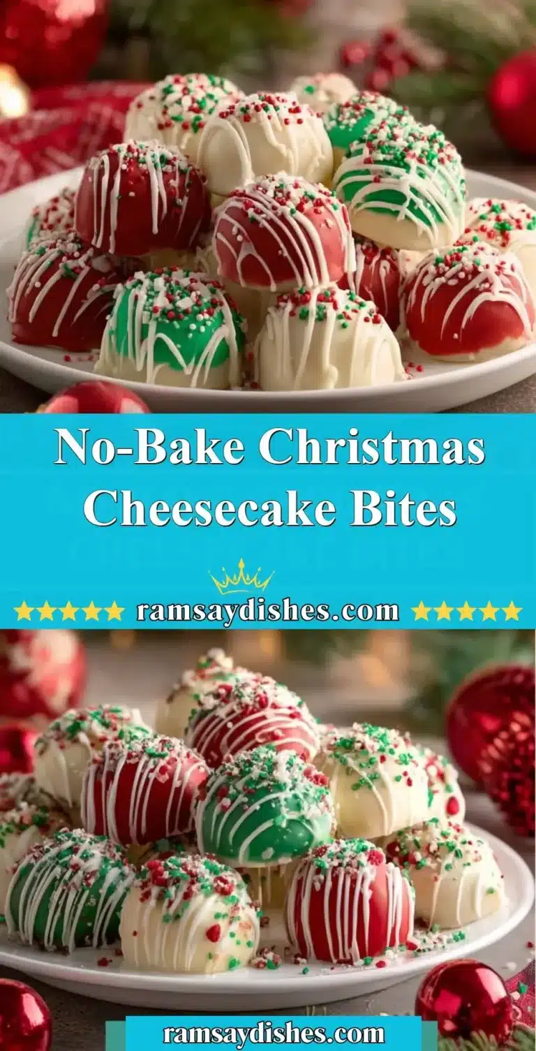 No-Bake Christmas Cheesecake Bites 5 Decadent no-bake Christmas cheesecake bites topped with festive decorations.