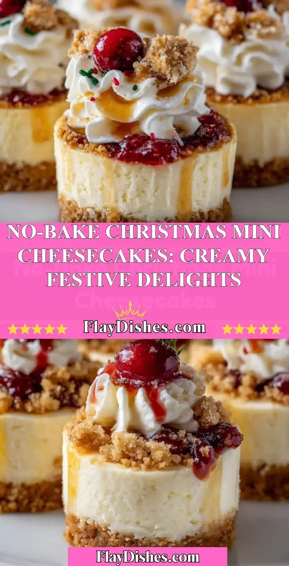 No-Bake Christmas Mini Cheesecakes: Creamy Festive Delights 2 No-bake Christmas mini cheesecakes topped with festive decorations