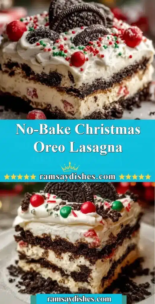 Delicious No-Bake Christmas Oreo Lasagna dessert featuring layers of cream and crushed Oreos.