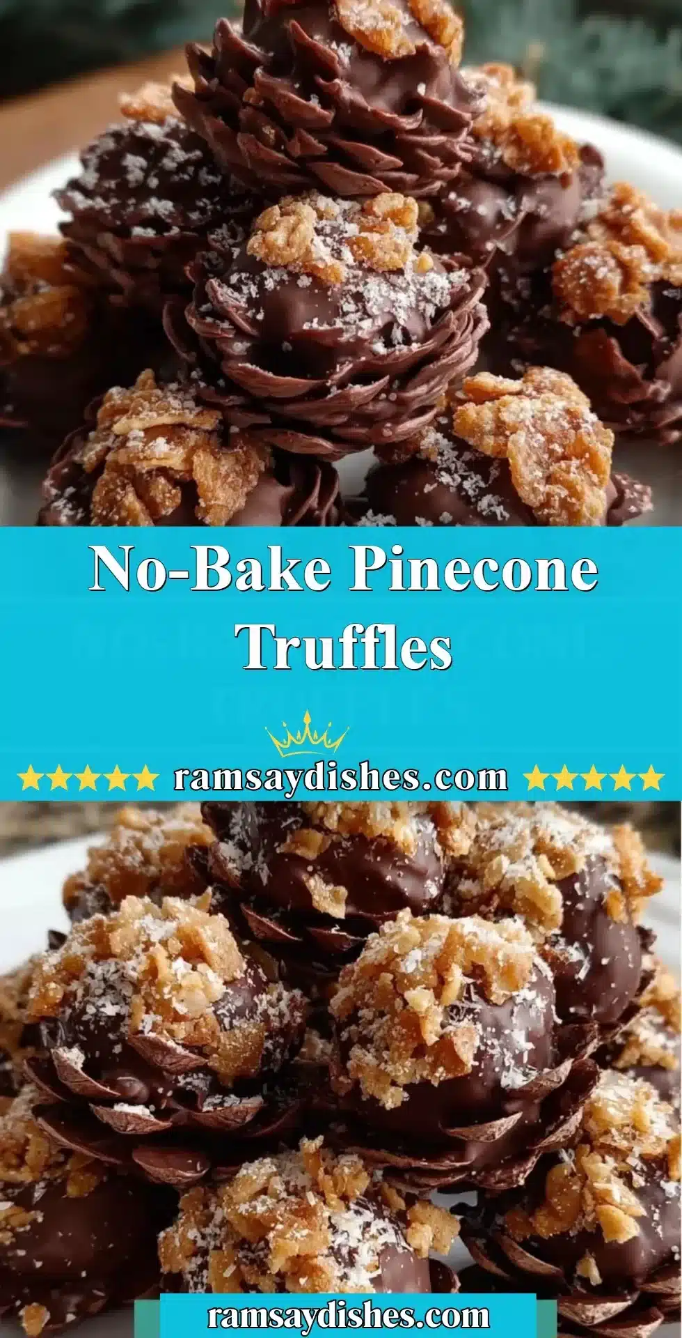 Plate of delicious no-bake pinecone truffles decorated with nuts and chocolate
