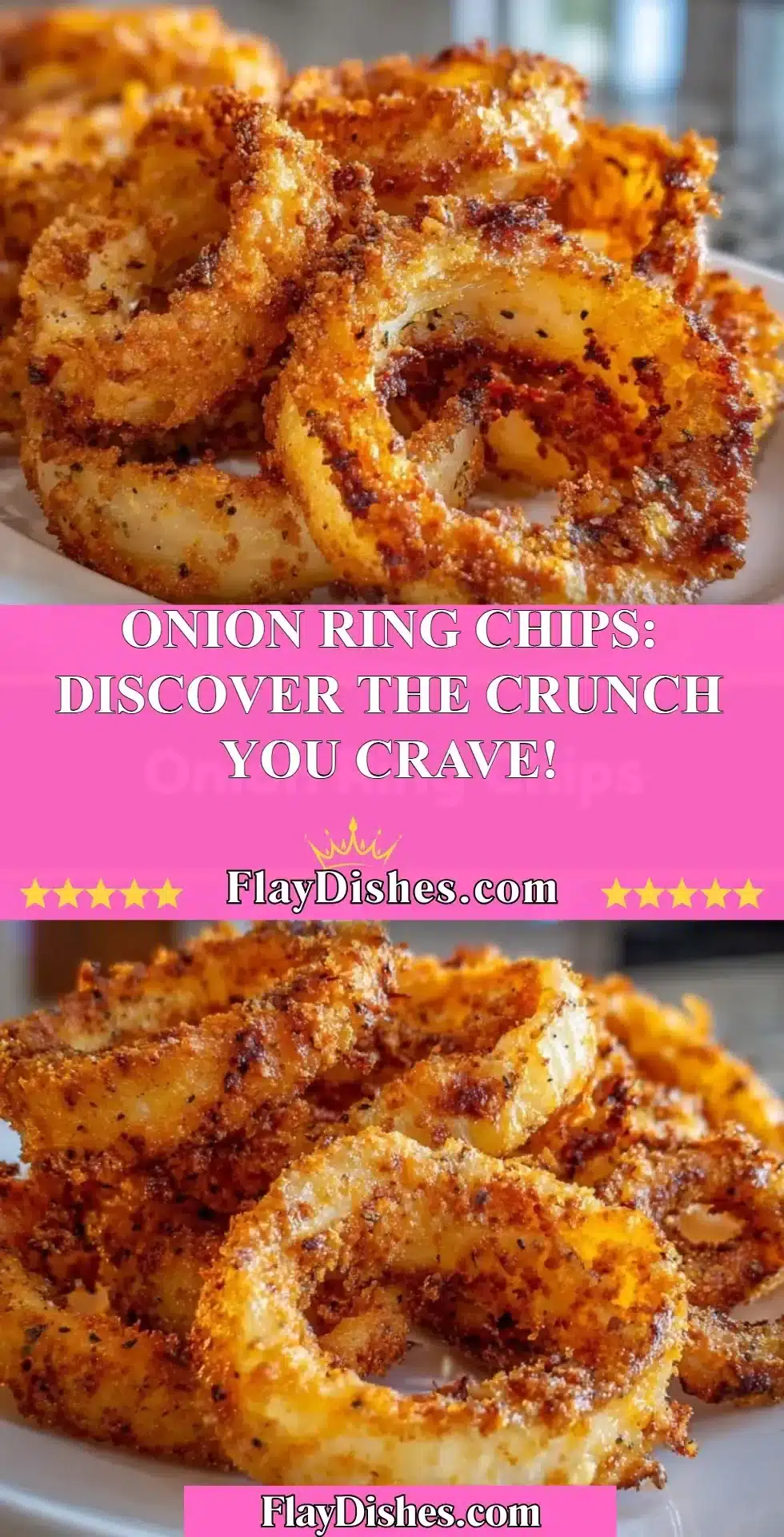 Crispy onion ring chips stacked in a bowl ready for snacking