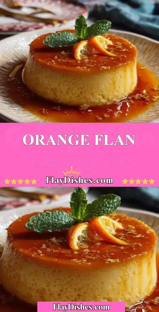 Delicious homemade Orange Flan topped with citrus zest and caramel.