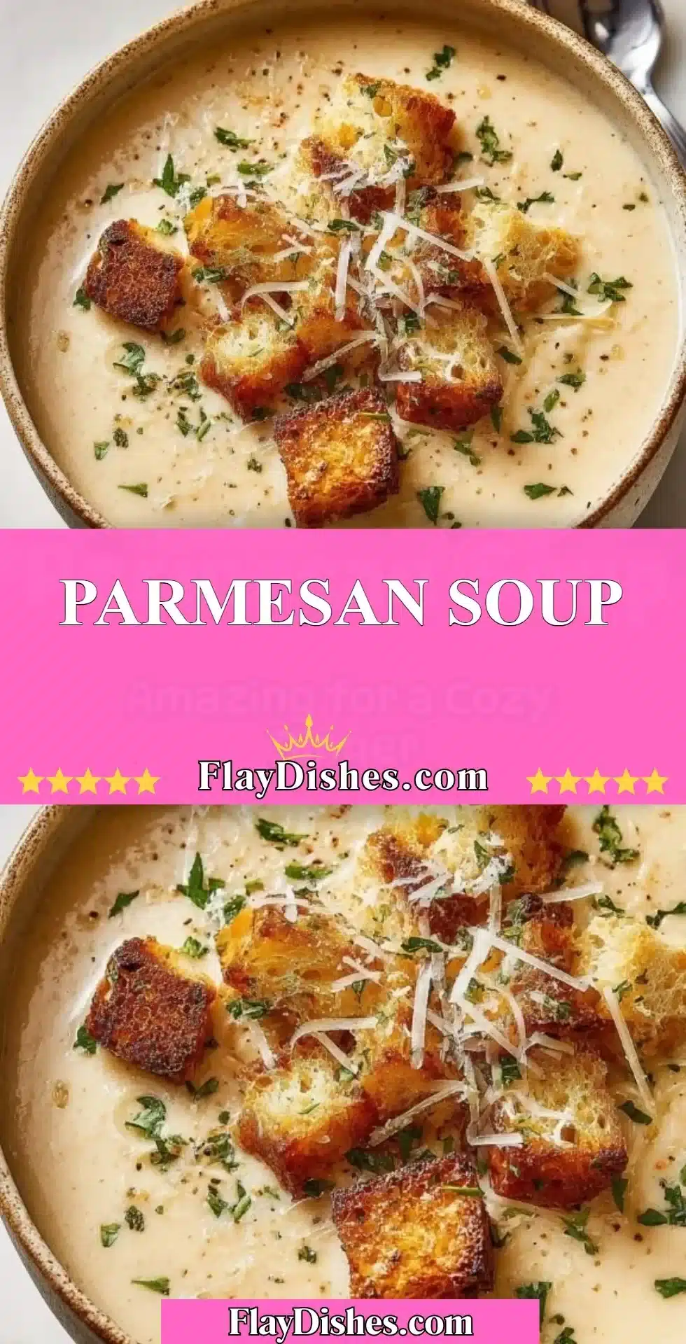 Parmesan Soup 2 A bowl of creamy Parmesan soup garnished with fresh herbs and cheese.