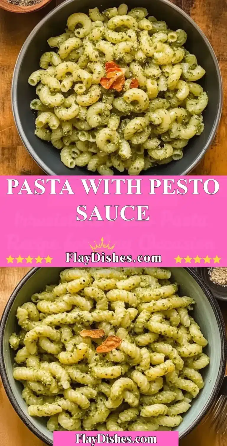 Pasta with Pesto Sauce 8 Pasta with fresh pesto sauce garnished with basil leaves in a bowl.