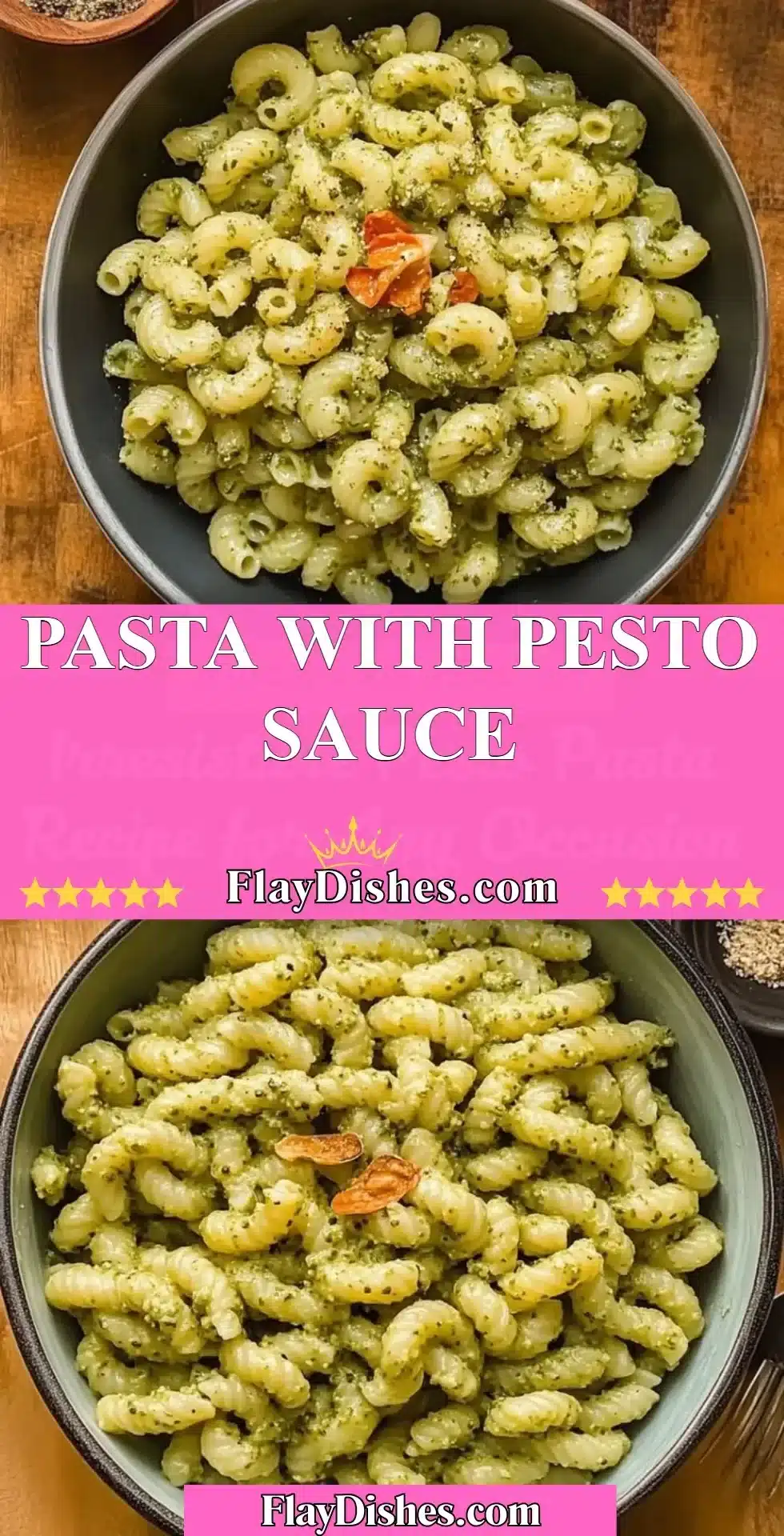 Pasta with Pesto Sauce 2 Pasta with fresh pesto sauce garnished with basil leaves in a bowl.