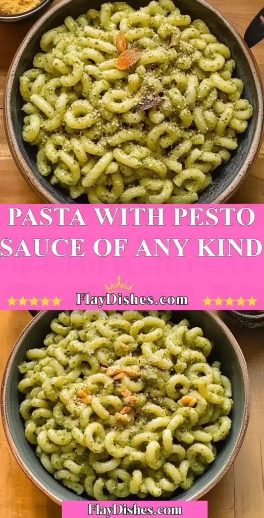 Plate of pasta with colorful pesto sauce and fresh basil leaves