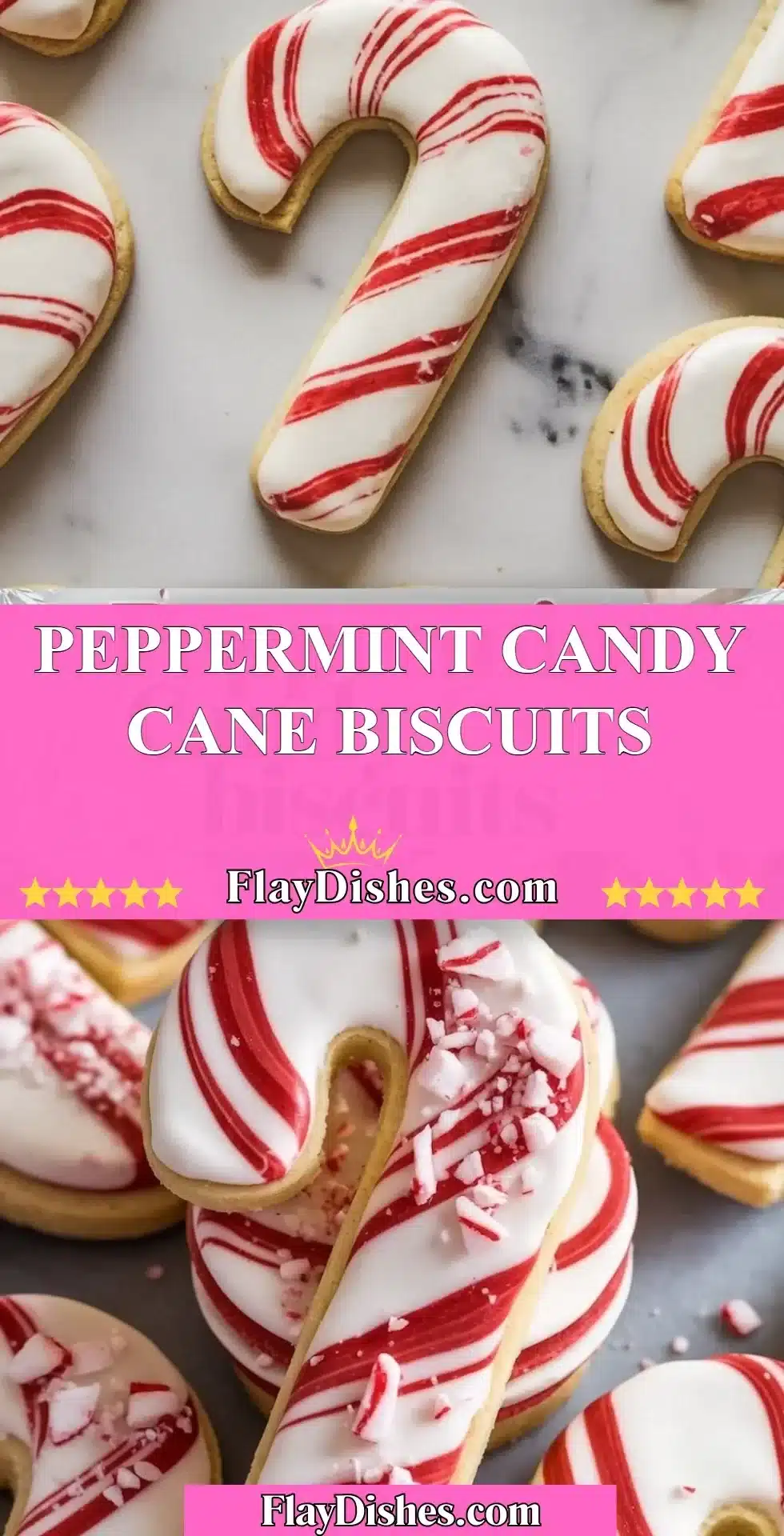 Peppermint Candy Cane Biscuits 2 Peppermint Candy Cane Biscuits topped with red and white crushed candy canes.