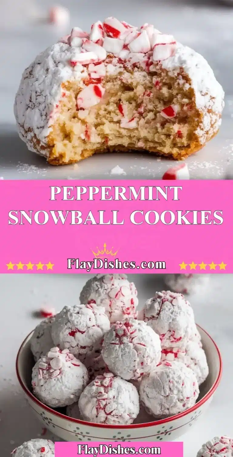 Delicious peppermint snowball cookies dusted with powdered sugar.