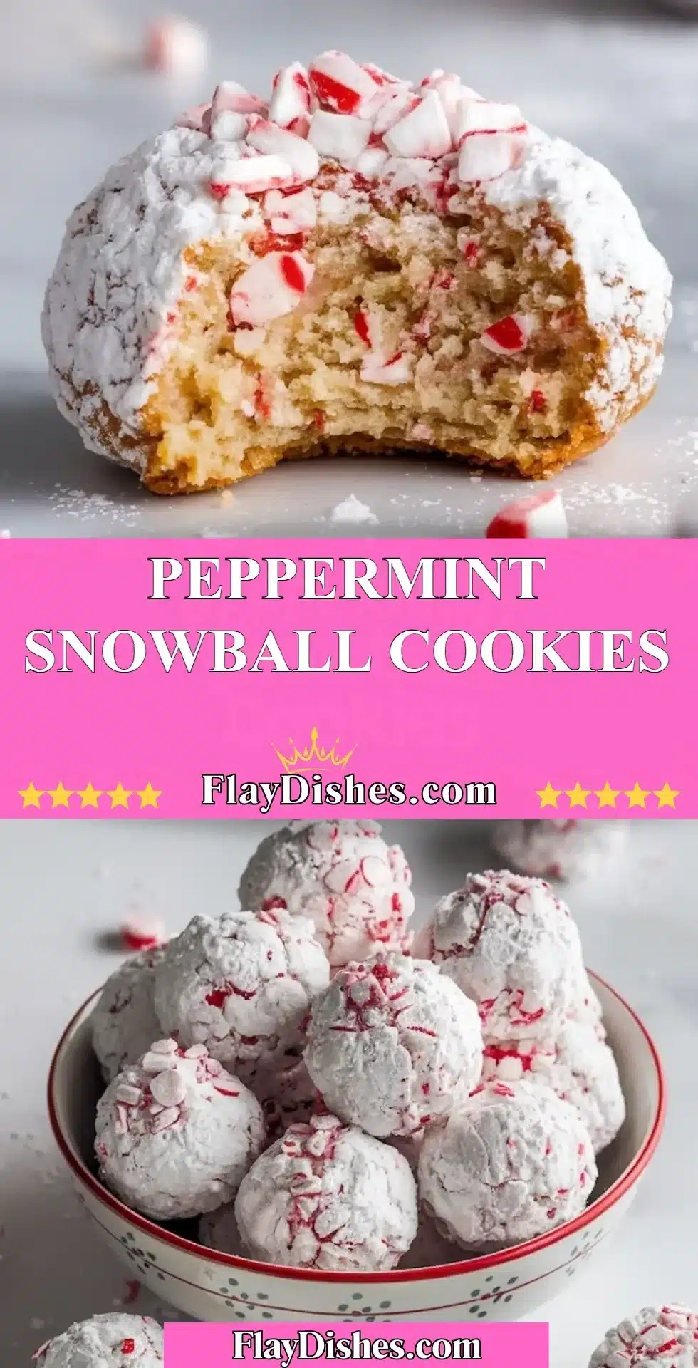Delicious peppermint snowball cookies dusted with powdered sugar.