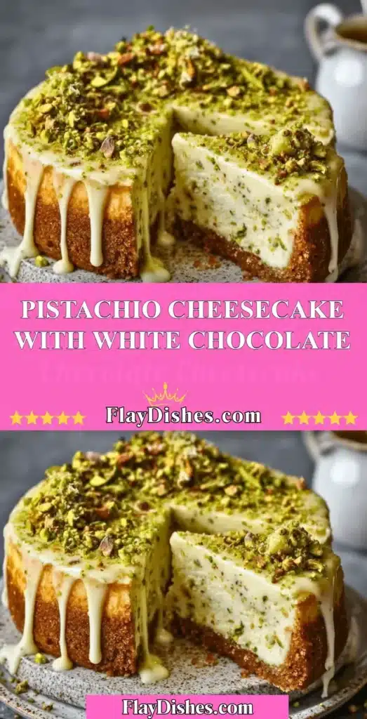 Delicious pistachio cheesecake topped with white chocolate garnishes