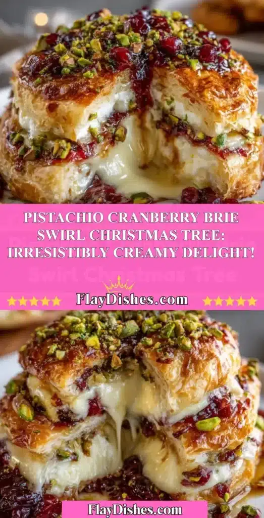 Pistachio cranberry brie Christmas tree swirl topped with nuts and cranberries