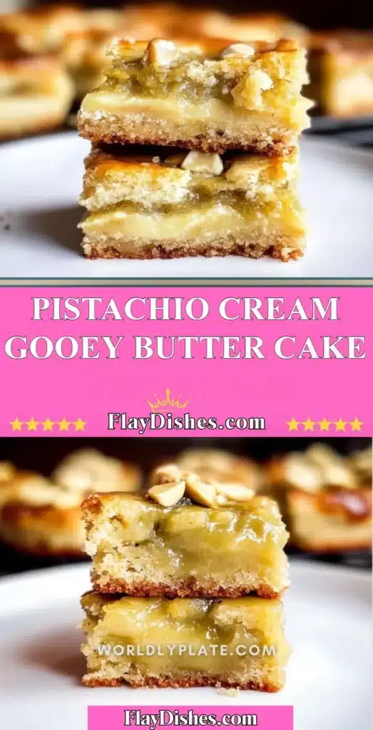 Slice of Pistachio Cream Gooey Butter Cake with a creamy topping on a plate