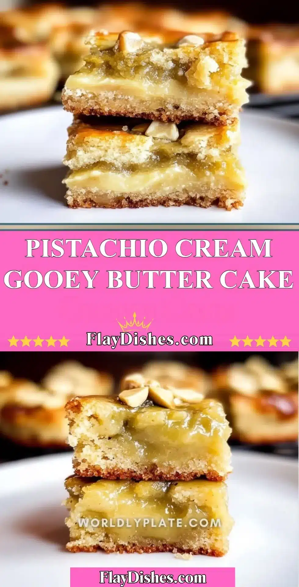 Slice of Pistachio Cream Gooey Butter Cake with a creamy topping on a plate