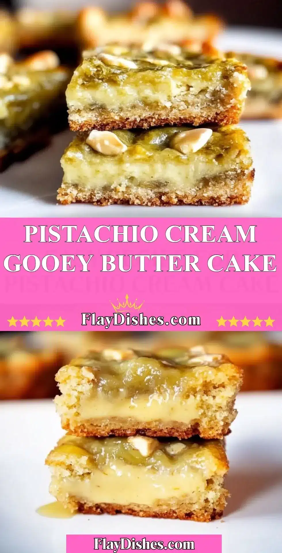 Pistachio Cream Gooey Butter Cake topped with green pistachio nuts