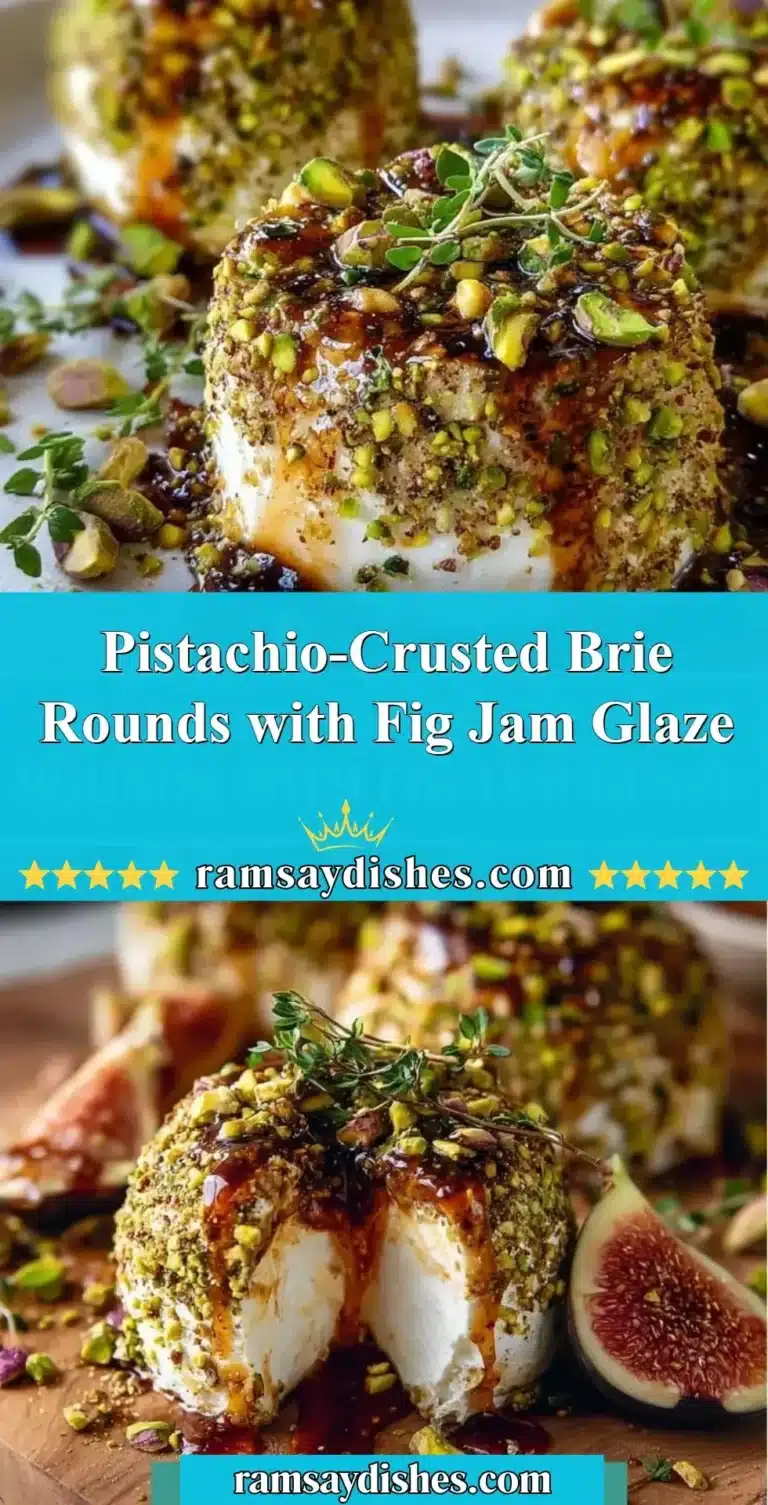 Pistachio-Crusted Brie Rounds with Fig Jam Glaze appetizer on a wooden platter