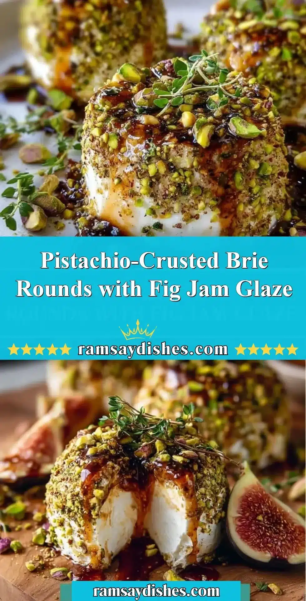 Pistachio-Crusted Brie Rounds with Fig Jam Glaze appetizer on a wooden platter