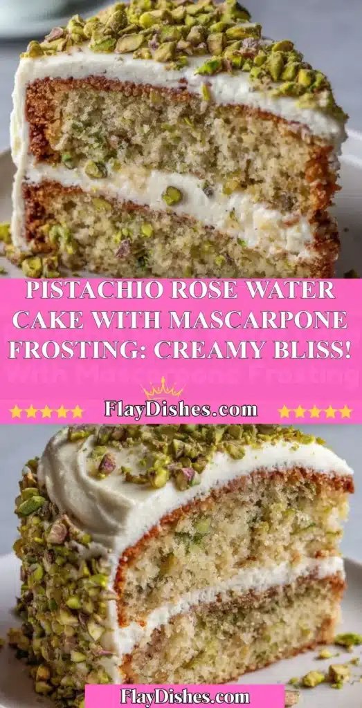 Slice of pistachio rose water cake topped with mascarpone frosting and rose petals