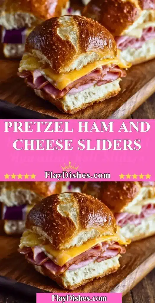 Pretzel ham and cheese sliders served on a platter with a dipping sauce