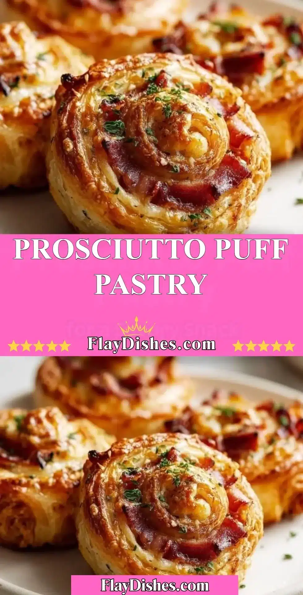 Delicious prosciutto puff pastry appetizer ready to serve.