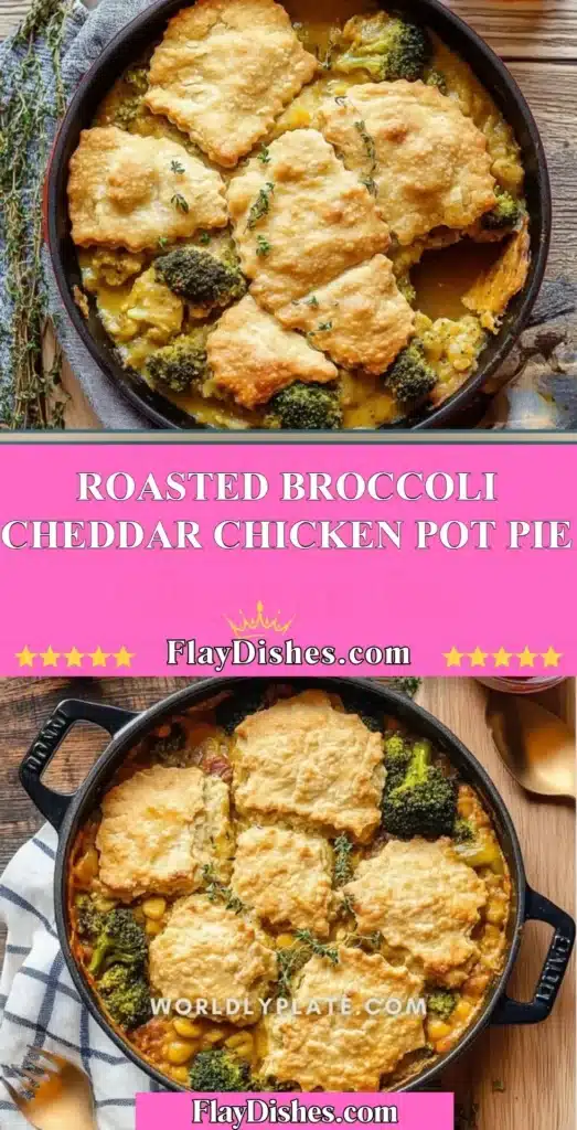 Delicious roasted broccoli cheddar chicken pot pie with flaky crust.