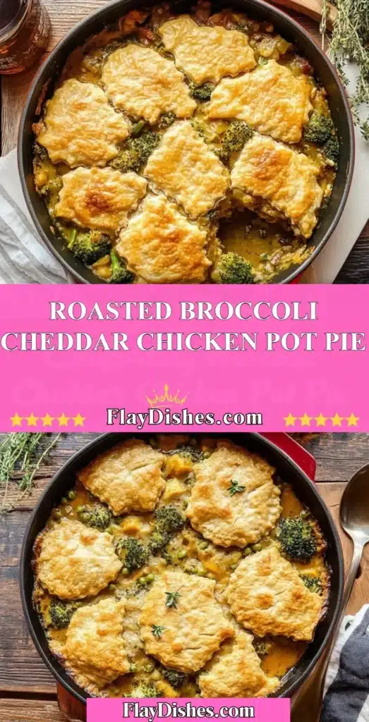 Roasted Broccoli Cheddar Chicken Pot Pie with creamy filling and flaky crust