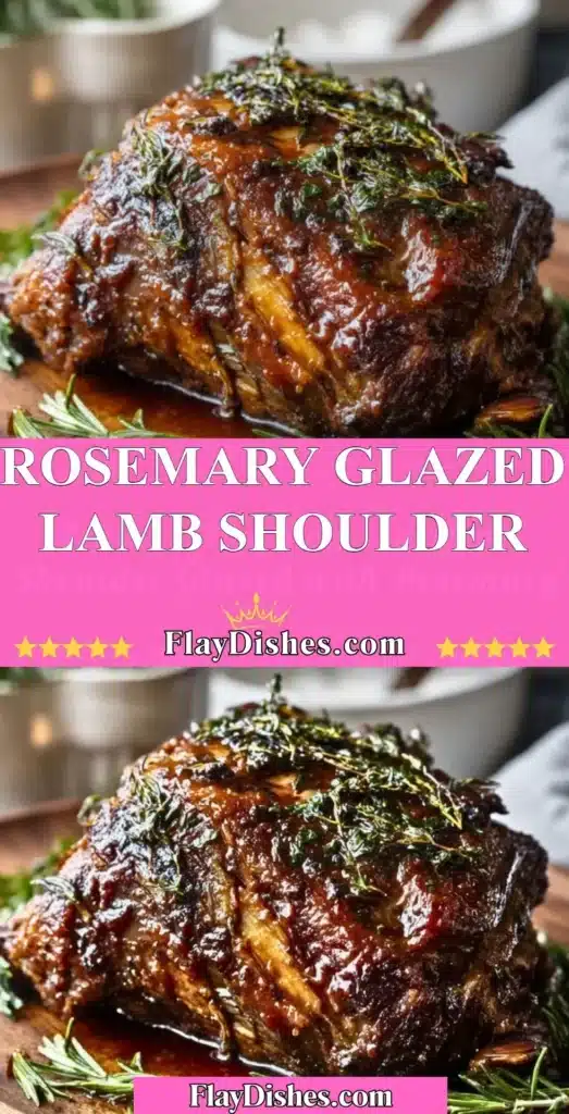 Rosemary glazed lamb shoulder served on a rustic wooden cutting board