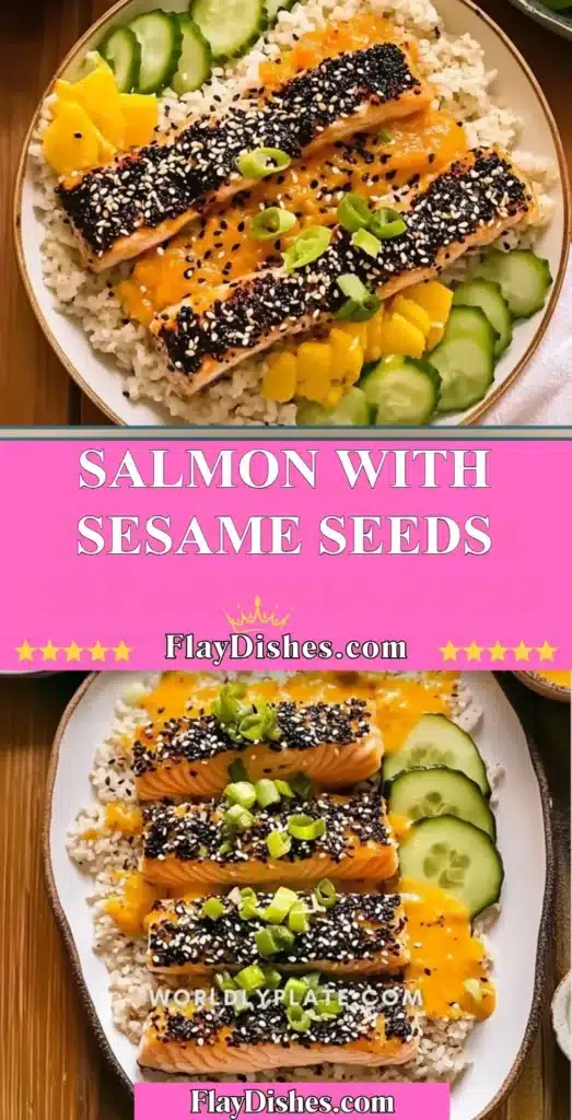 Grilled salmon garnished with sesame seeds on a plate