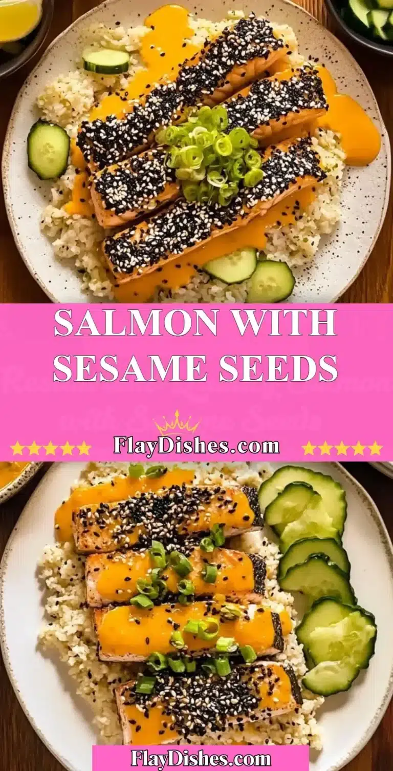 Plate of roasted salmon topped with sesame seeds and garnished with herbs.