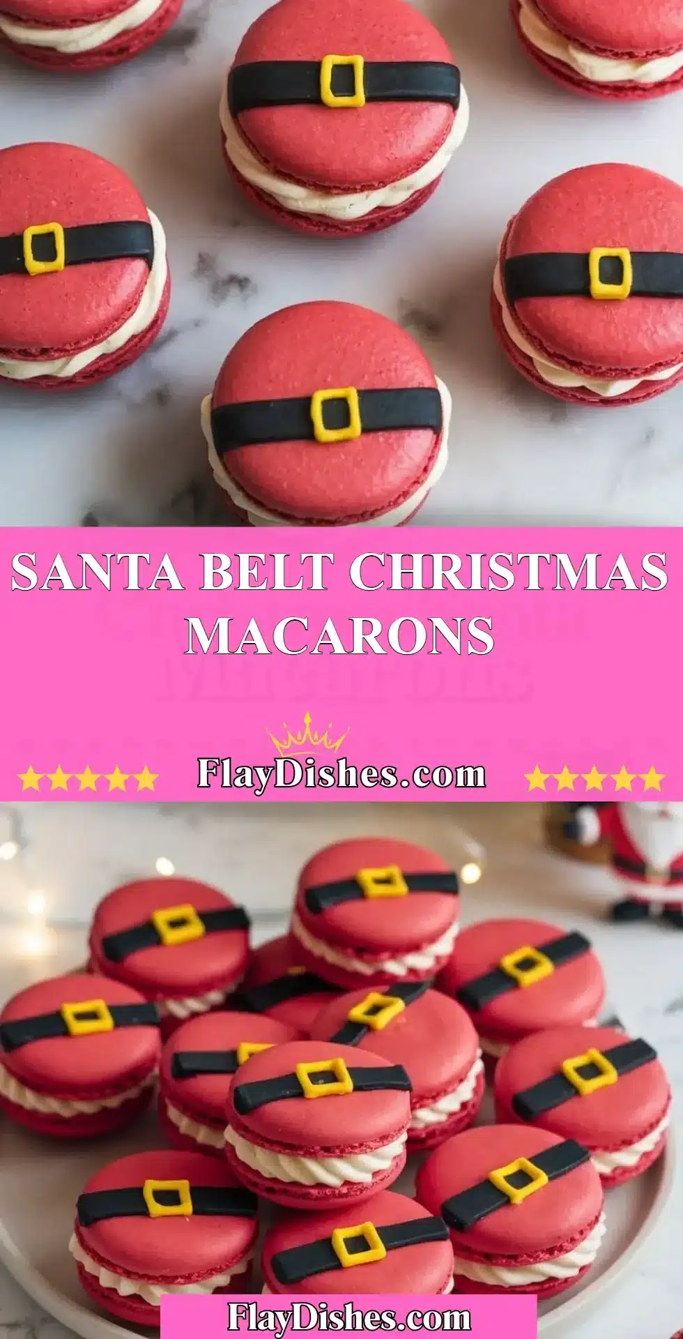 Santa Belt Christmas Macarons decorated with festive red and black colors