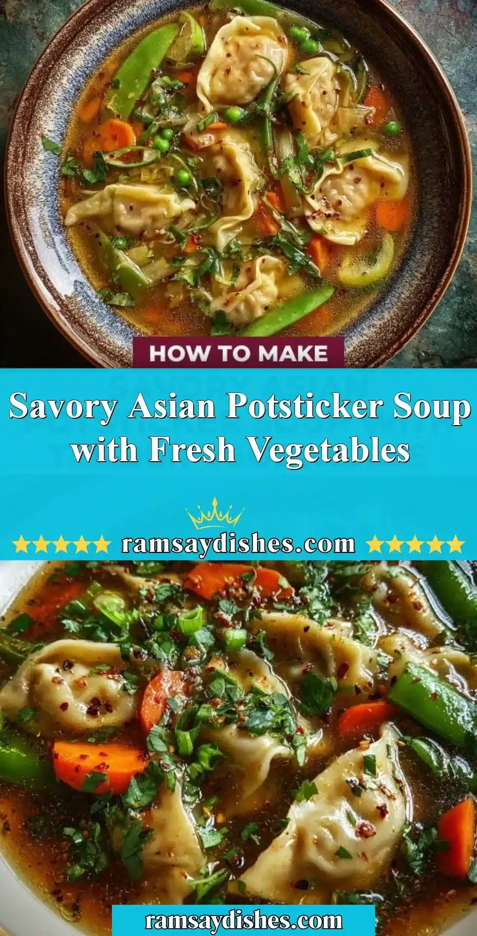 Bowl of savory Asian potsticker soup with fresh vegetables and dumplings