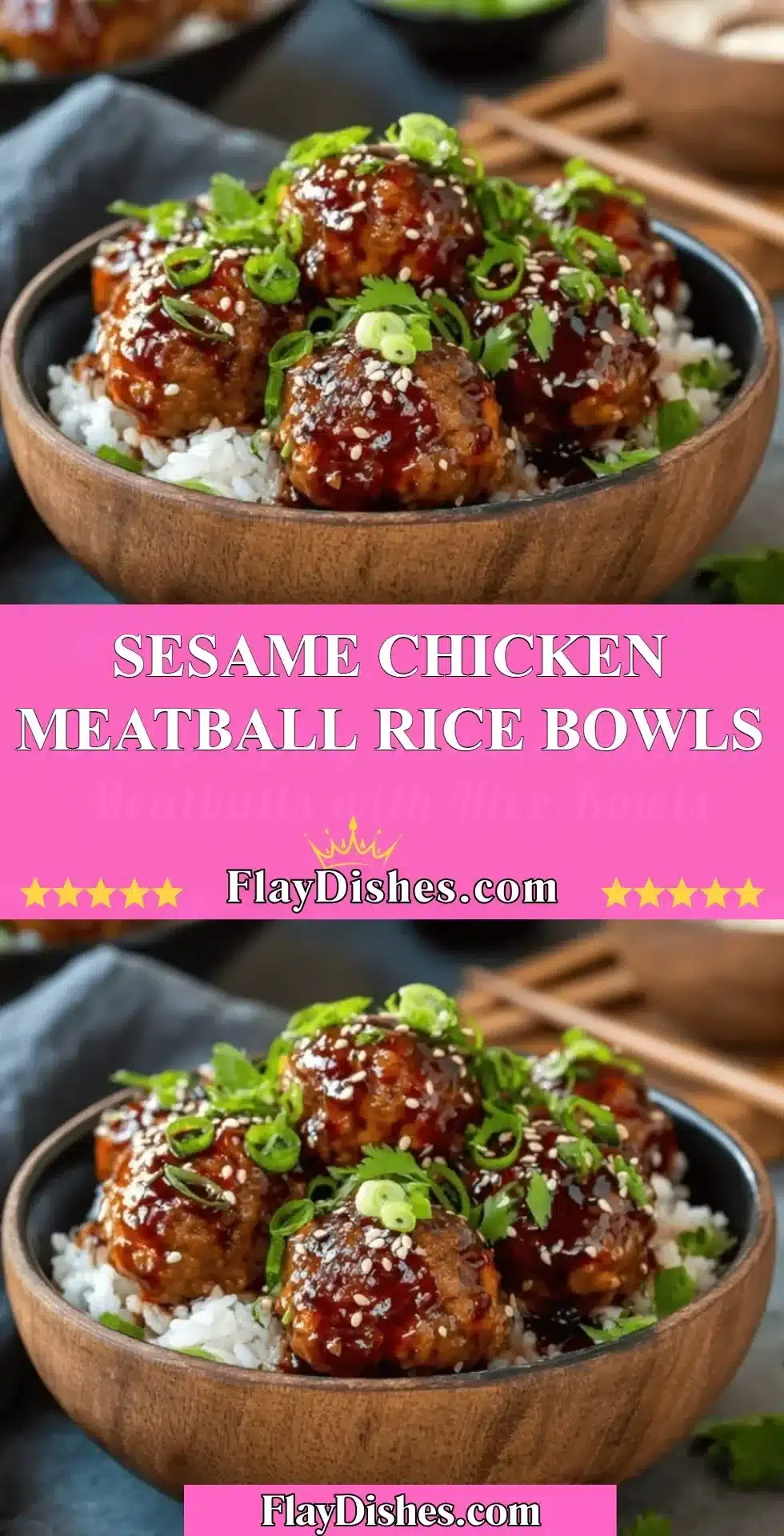 Sesame Chicken meatball rice bowl with vegetables and sauce