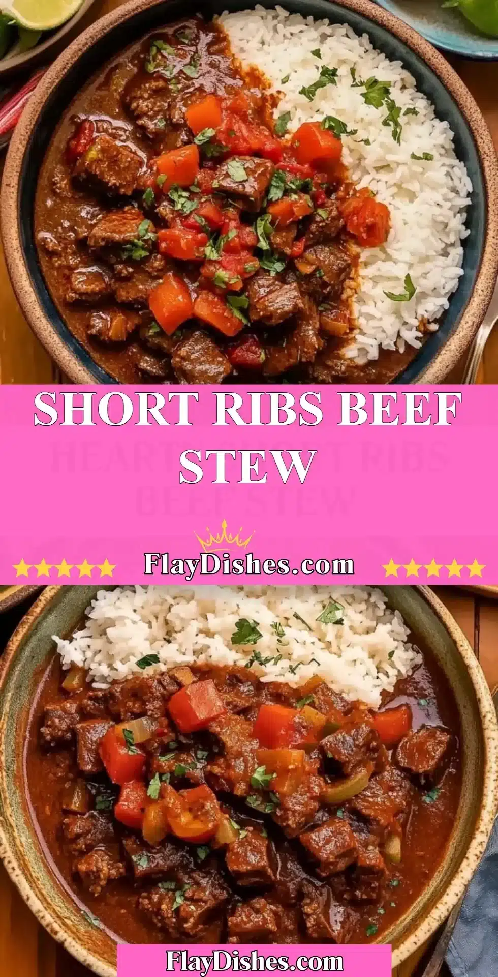 Delicious short ribs beef stew simmering in a pot, garnished with herbs.