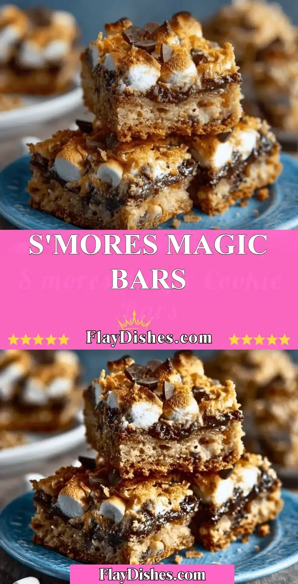 S'mores Magic Bars 2 Delicious S'mores Magic Bars with chocolate, marshmallows, and graham cracker crust.